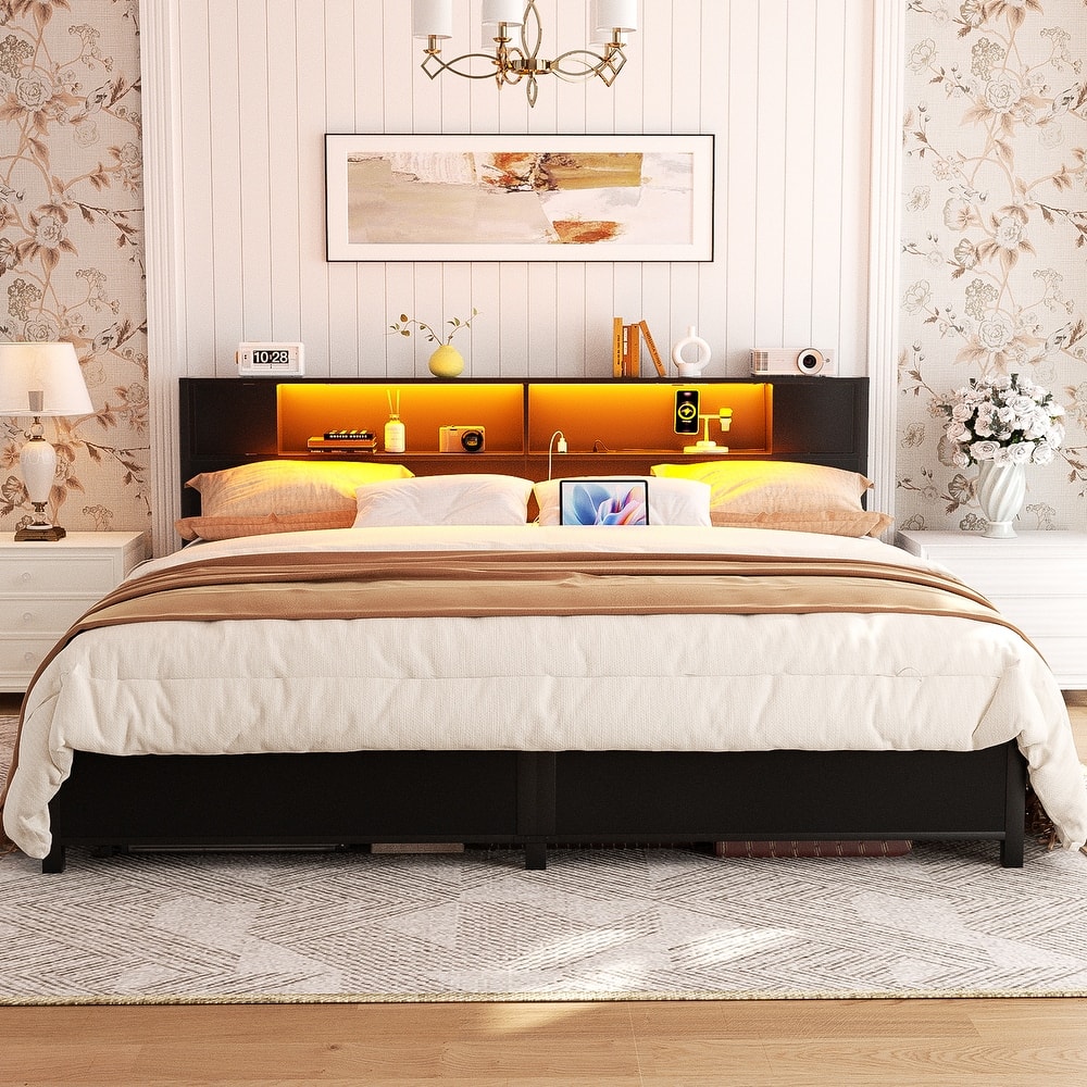 Storage Headboard Platform Bed Frame with Charge Station and LED Light