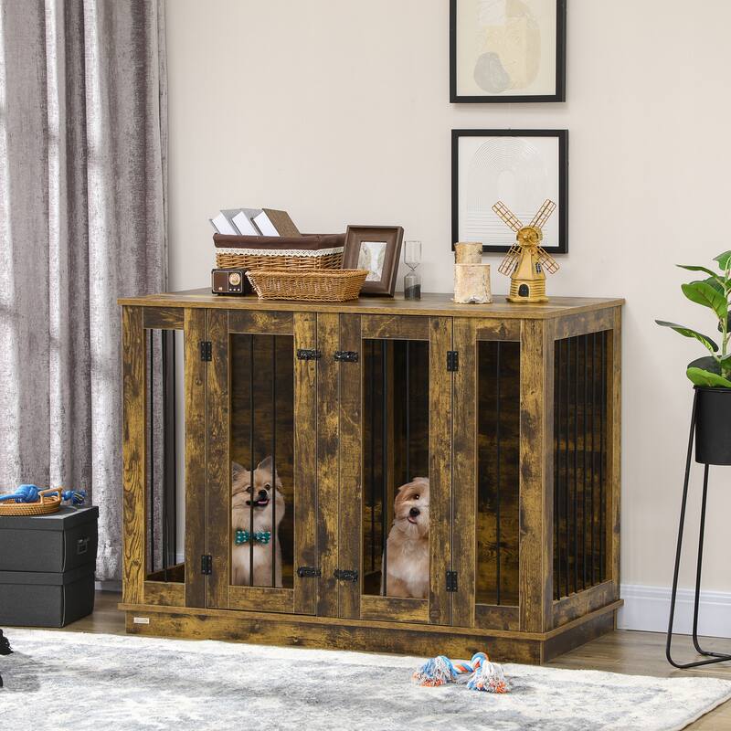PawHut Large Furniture Style Dog Crate with Removable Panel, End Table with Two Rooms Design and Two Front Doors