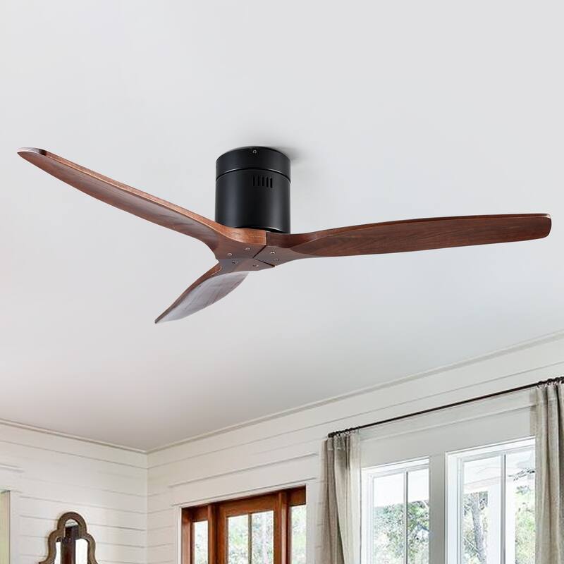 52In. Farmhouse Indoor Flush Mount Low Profile Ceiling Fan with Solid Wood Blades - 52 INCHES - Flush Mount&Without light - Dimmer Switch