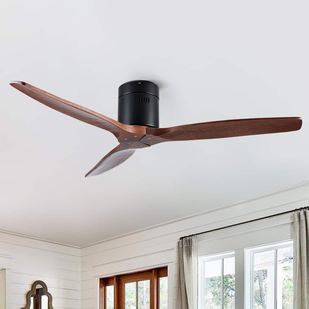 52In. Farmhouse Indoor Flush Mount Low Profile Ceiling Fan with Solid Wood Blades - 52 INCHES