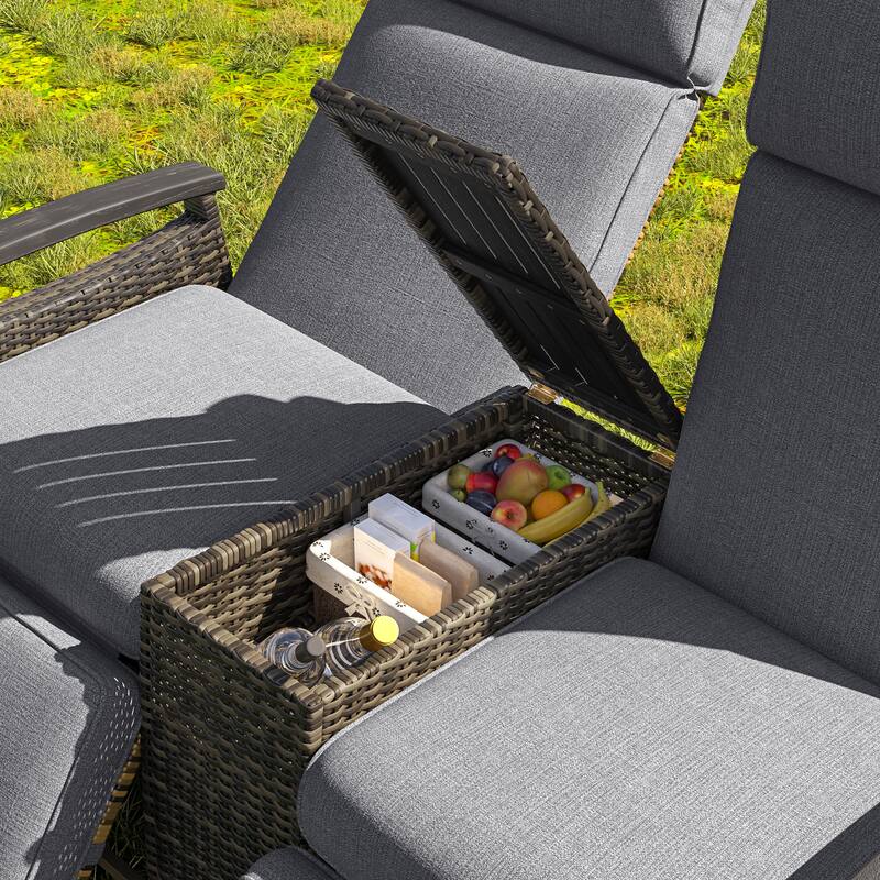 Recliner Loveseat Chair,Adjustable Backrest Wicker Outdoor Lounge Chair Set With Acacia Wood Armrests And Built-In Storage Table