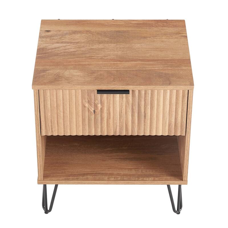 20" Fluted Nightstand with Single Drawer and Metal Legs Modern Design