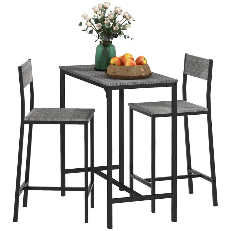 Grey Kitchen Side Table and Back Dining Chairs with Steel Legs, Simple 3-Piece Table and Chairs Set for 2