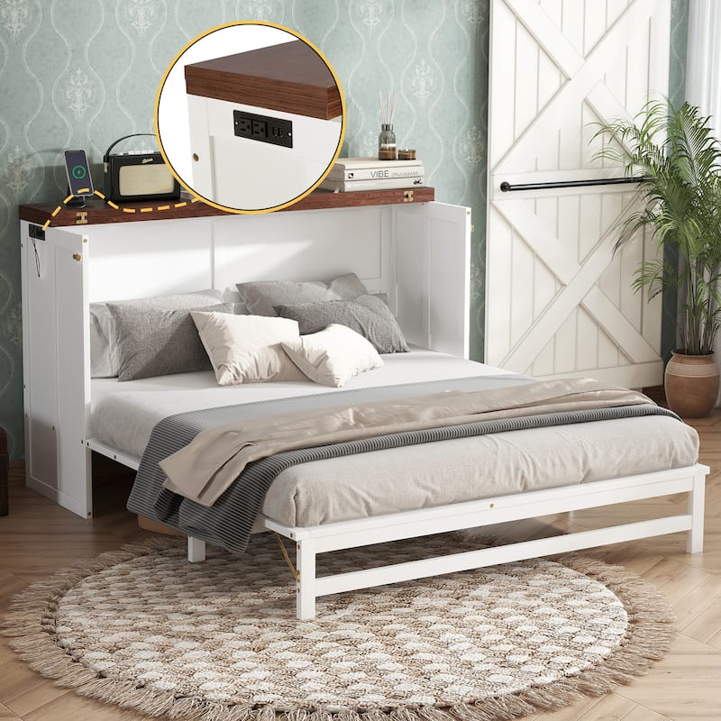 Murphy Bed Cabinet Queen with Storage Drawer and Charging Station, USB Port, Solid Pine Murphy Bedframe for Home Office