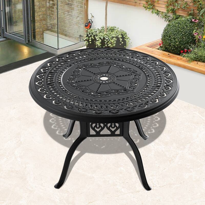 GDFStudio- Bellamy 39-Inch Round Cast Aluminum Outdoor Dining Table with Umbrella Hole - Black