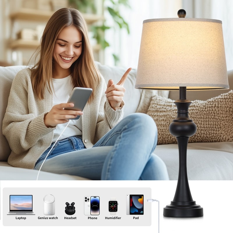 28.75'' Modern Black Table Lamp with USB & Type-C Charging Ports, 3-Way Touch Control(Set of 2) - 13'' x 13'' x28.75''