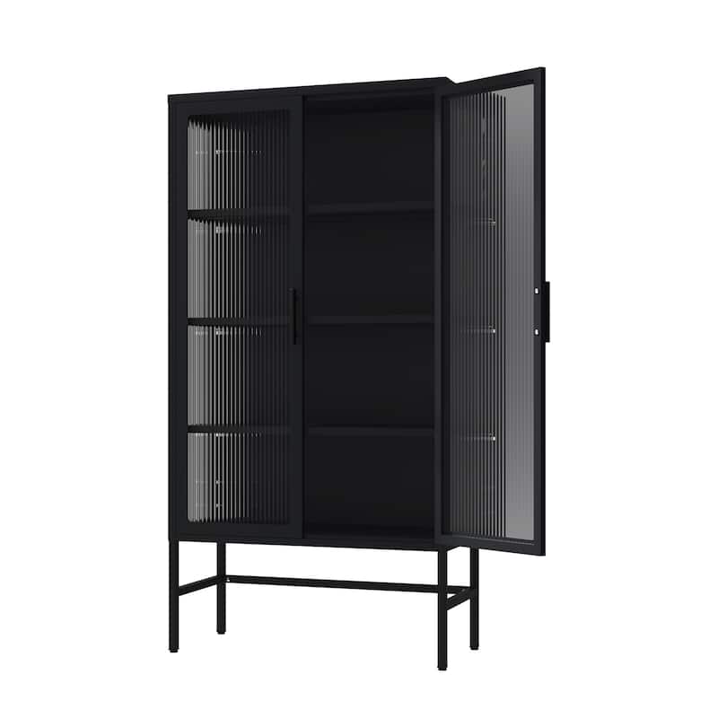 Modern Glass Door Cabinet with Adjustable Shelves Steel Storage Sideboard