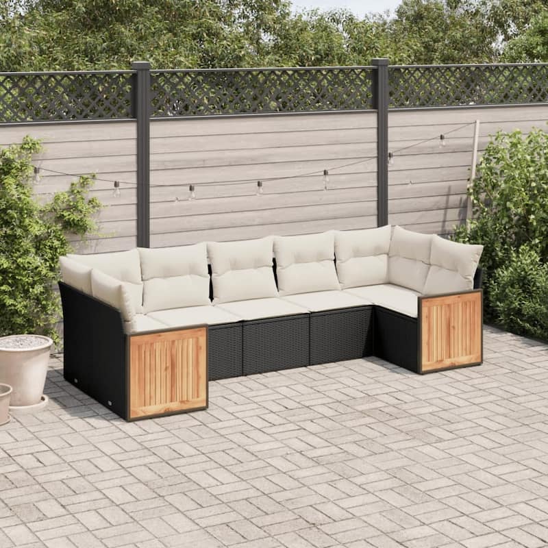 vidaXL Patio Sofa Set with Cushions Outdoor Furniture 7 Piece Poly Rattan - 21.7 x 21.7 x 14.6 - Black and Cream