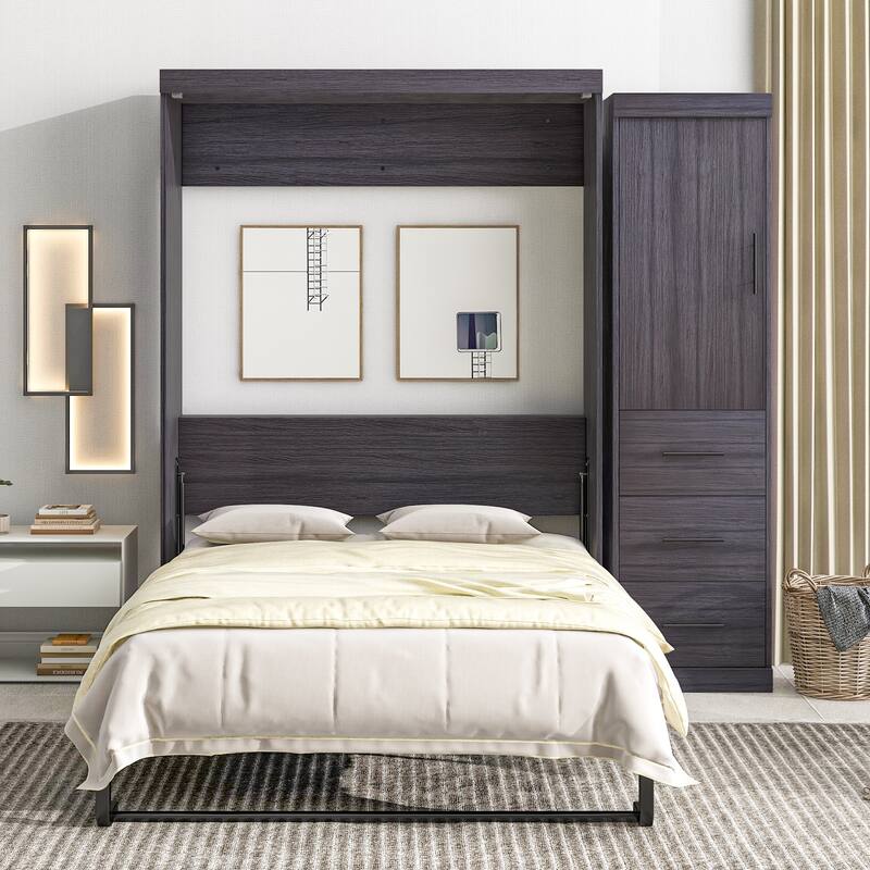 Full Storage Murphy Bed with Wardrobe & Drawers, Wood Save Space Wall Bed Frame, Can be Folded