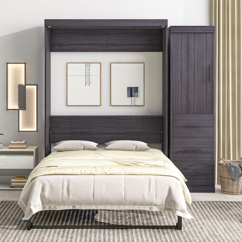 Murphy Bed with Wardrobe and 3 Storage Drawers, Pine Wood Multifunctional Wall Bed