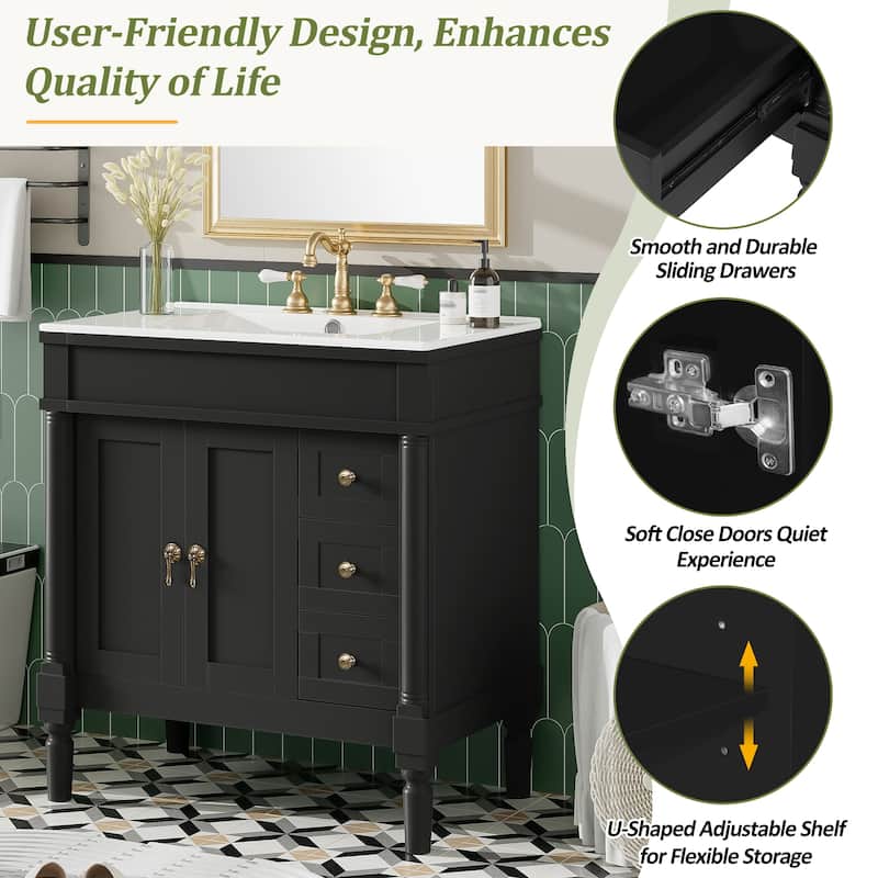 30-Inch Modern Bathroom Vanity with Ceramic Sink, Soft-Close Doors & Drawers, U-Shaped Adjustable Shelf, and Zinc Alloy Handles