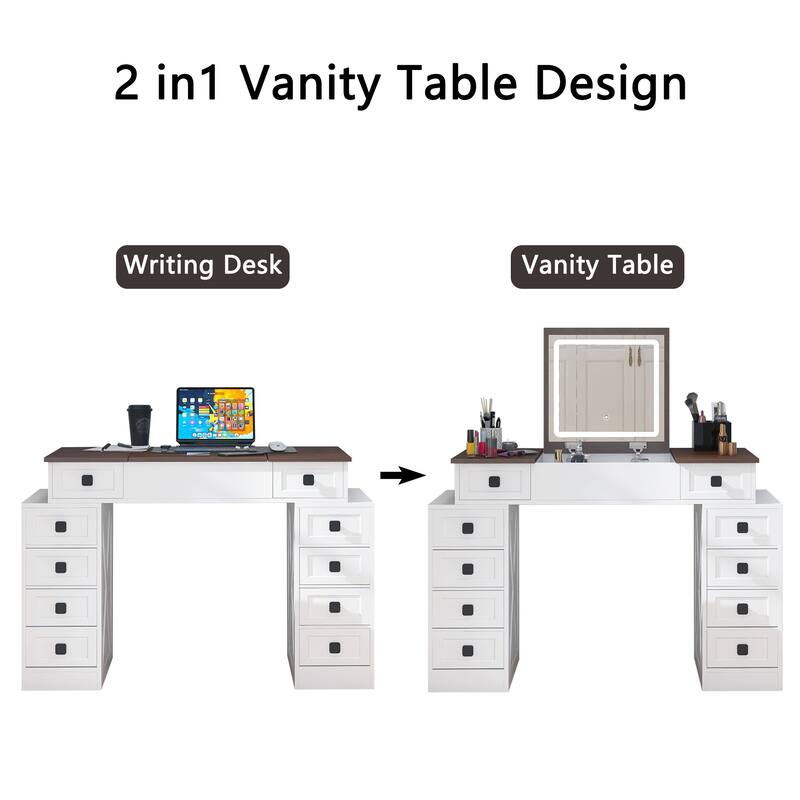 Vanity Desk with Dimmable LED Light with 10 Drawers,with Flip Up Mirror,Large Storage Vanity Table Set with Stool and Drawers