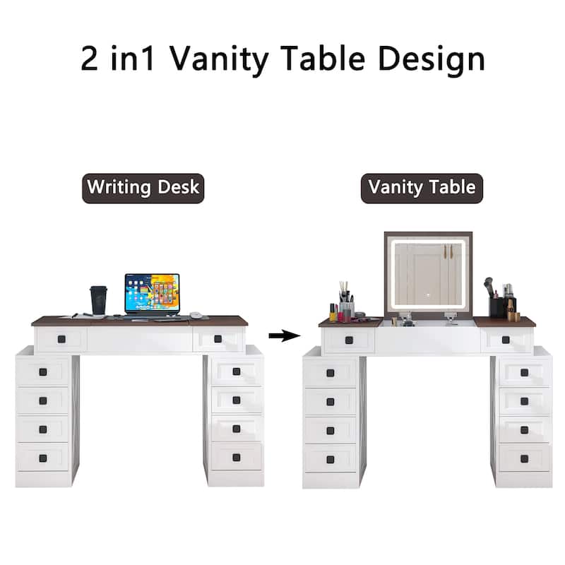 Vanity Desk with Flip-Up Mirror, 10 Drawers & Dimmable LED Lights, Makeup Table Set with Stool