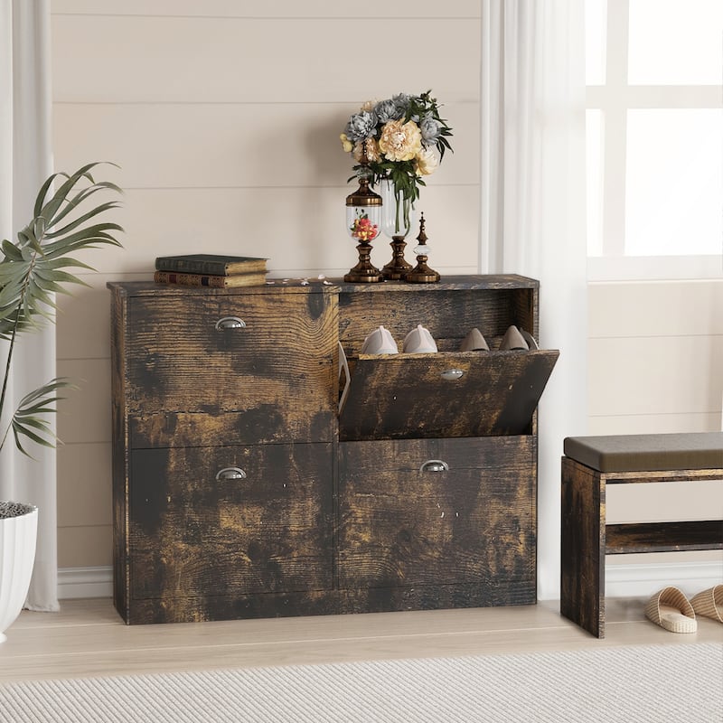 Retro Slim Narrow Shoe Cabinet with 4 Flip-Top Drawers for Entryway and Bedroom - Vintage
