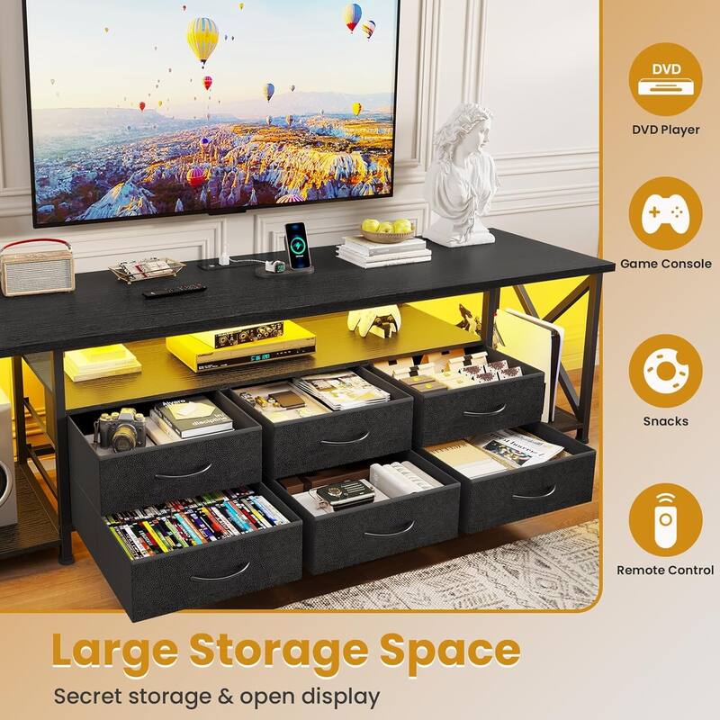 TV Stand with LED Lights Power Outlets Dresser Fabric Drawers Entertainment Center