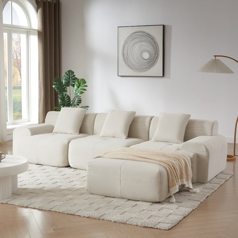 113" Modern L-Shaped Corduroy Upholstery Modular Sectional Sofa with Deep Seat and Movable Ottoman