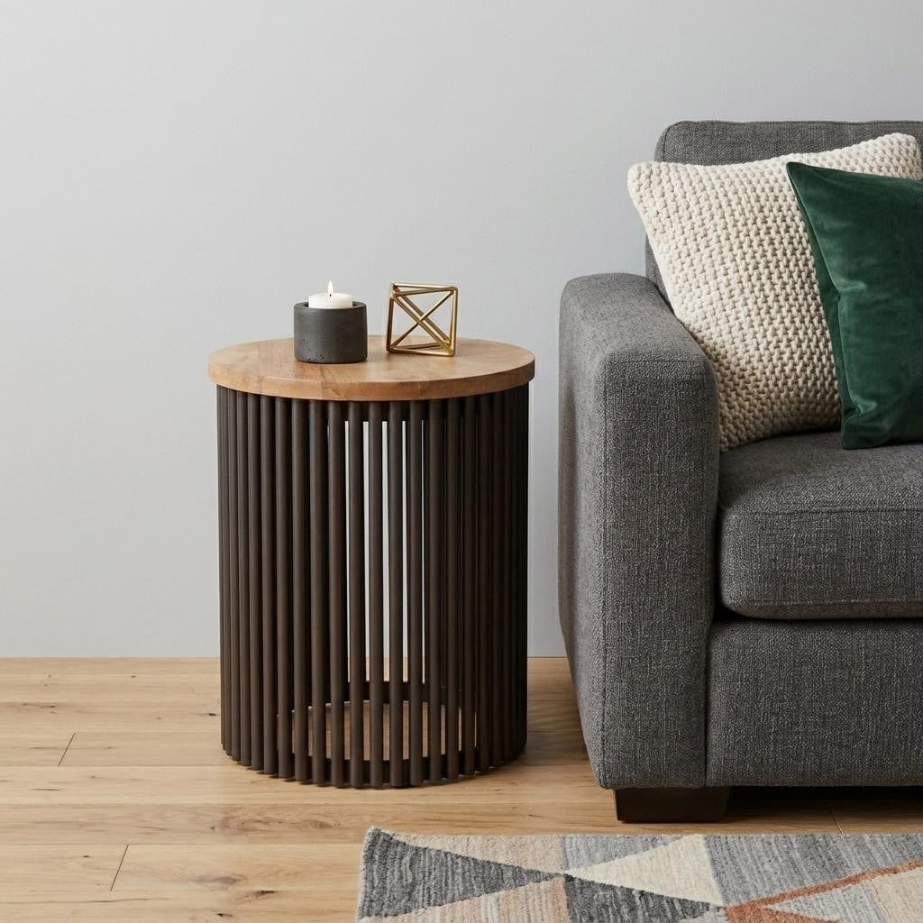 HomeRoots 21" Natural Natural and Black Solid Wood and Iron Round Drum End Table - 17.50 in. x 21.30 in. x 17.50 in.