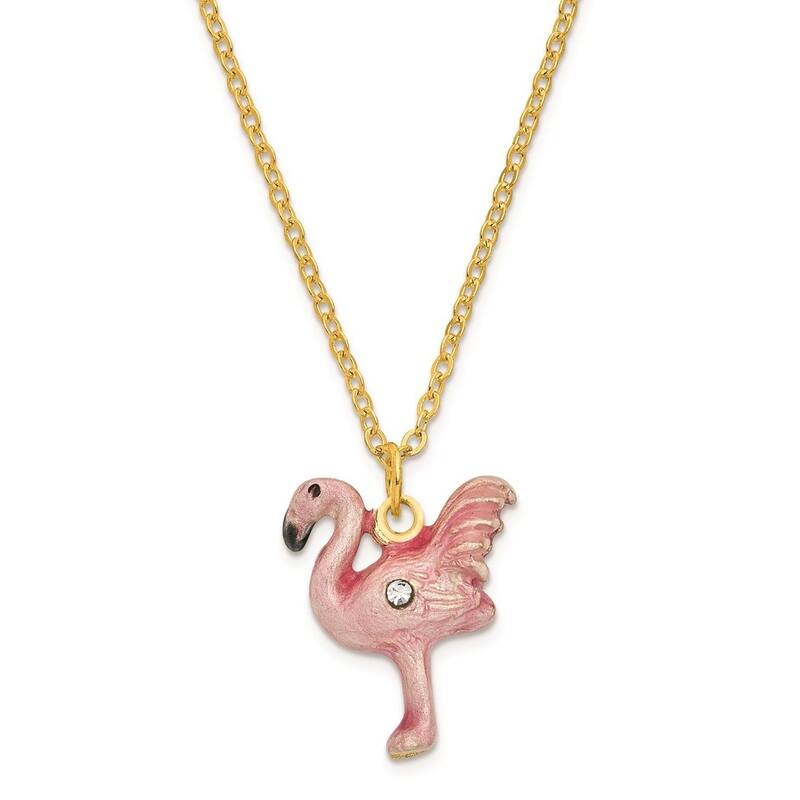 Curata Pewter Bejeweled Crystals Gold-Tone Enameled Jezebel Pink Flamingo Trinket Box on 18 Inch Necklace