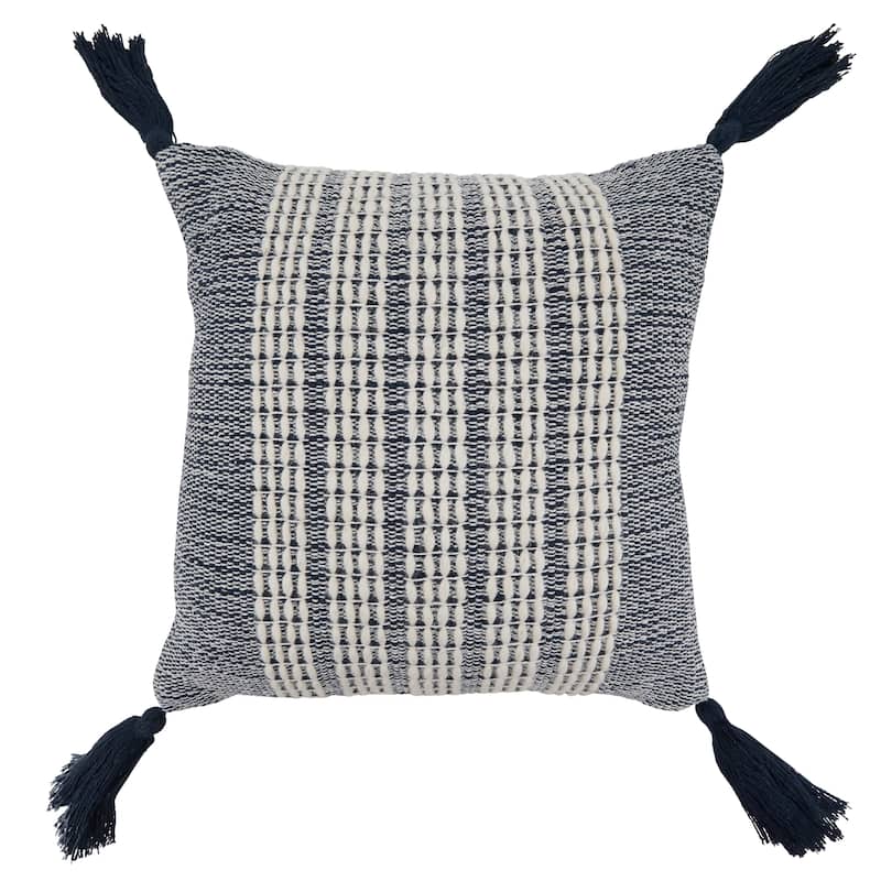 Woven Stripe Cotton-Wool Throw Pillow - Textured Vertical Pattern with Corner Tassels for Sofa, Bed & Accent, 18"x18" - Navy Blue - 18"x18" - Cover Only