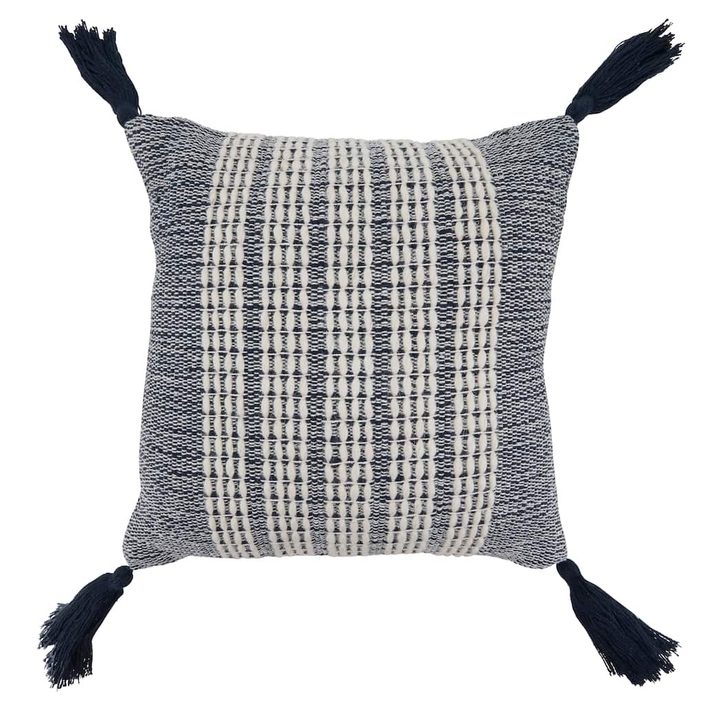 Woven Stripe Cotton-Wool Throw Pillow - Textured Vertical Pattern with Corner Tassels for Sofa, Bed & Accent, 18"x18"