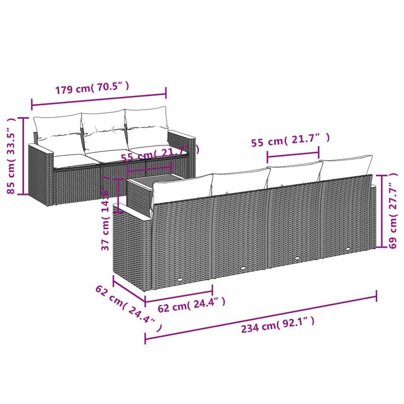 vidaXL Patio Sofa Set with Cushions Outdoor Furniture 8 Piece Poly Rattan - 21.7x 24.4x 27.2