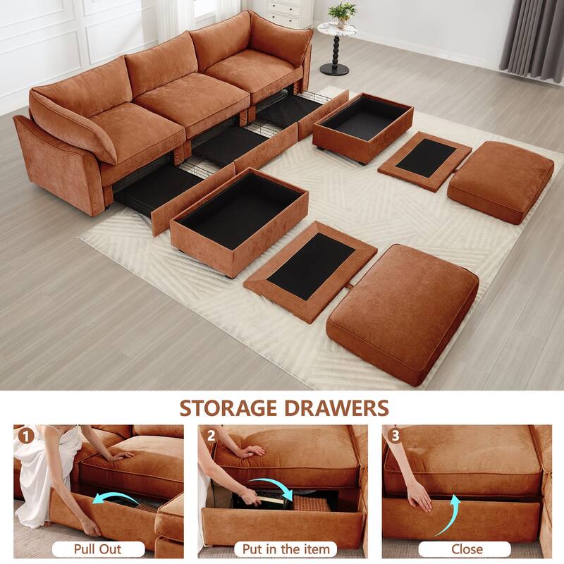 GDFStudio - Chenille U-Shaped 3-Seater 112.6" Modular Sofa with 2 Ottomans