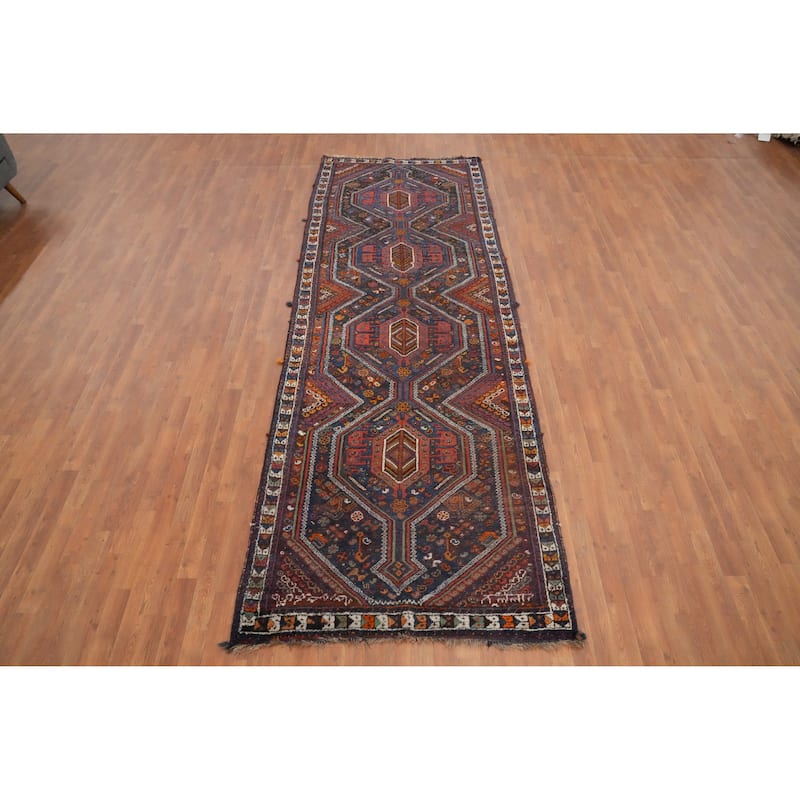Hand Knotted Oriental 100% Wool Carpet Traditional Tribal Navy Blue & Blues Shiraz Runner Rug - 12' 2'' X 4' 3''