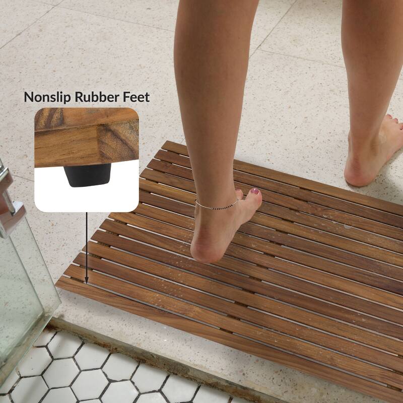 Sunnydaze Solid Teak Shower Mat - Spa-Inspired Slatted Bath Mat Set of 2