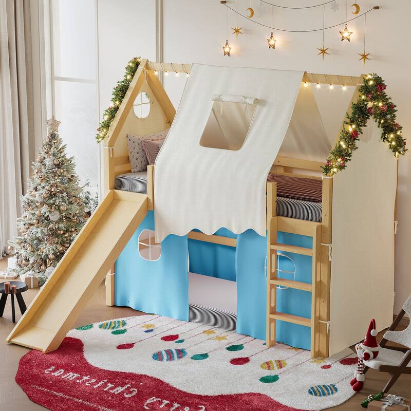Roomfitters House Loft Bed with Slide and Tent, Solid Wood Frame with Lights - Light Blue+Natural - Twin