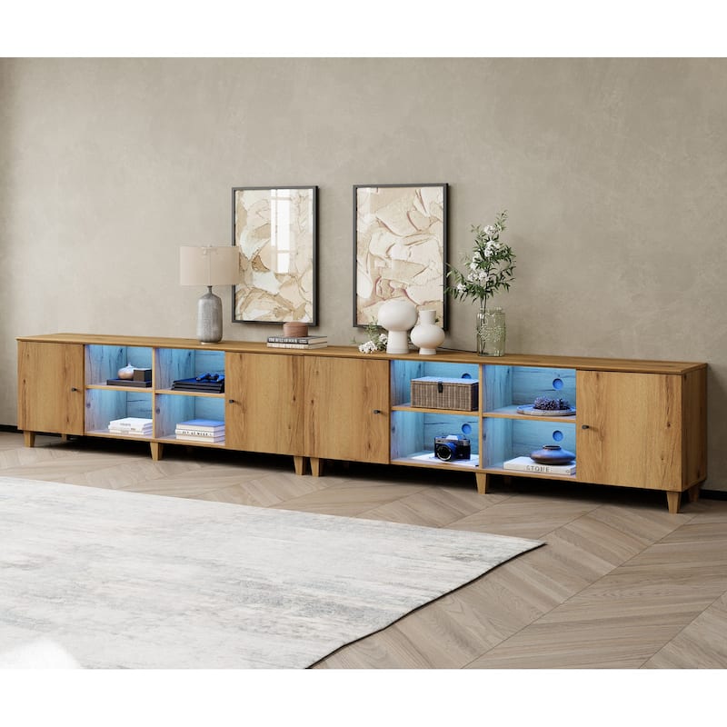 WAMPAT Wooden TV Stand with Doors, Mid-Century Entertainment Center - 2 Packs - Brown & Blue Lights