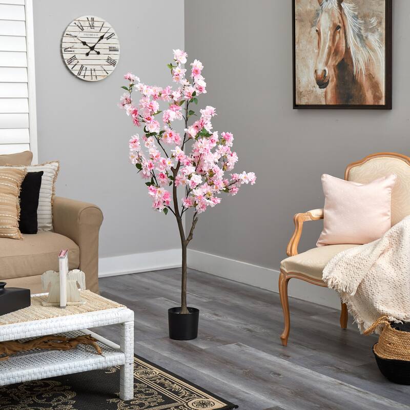 Artificial Cherry Blossom Tree 5ft - Pink Flowers Home Decor Indoor Plant - Green - 41-50 Inches