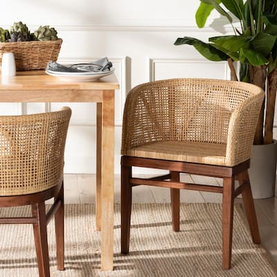 Papua Modern Bohemian Natural Rattan and Acacia Wood Dining Chair