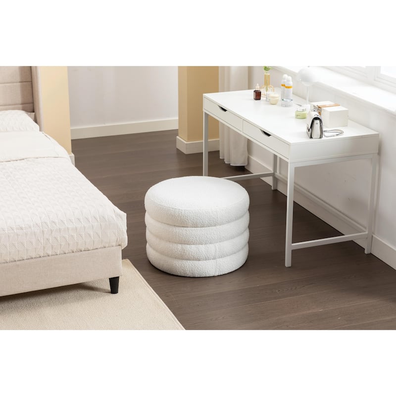 Boucle Fabric Storage Ottoman Footstool with Wooden Shelving - Ivory