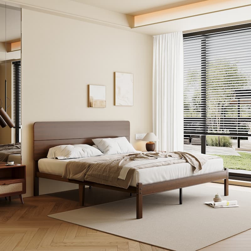 Walnut-colored solid wood and bamboo bed frame with headboard, easy to assemble, no box springs required - Natural - King