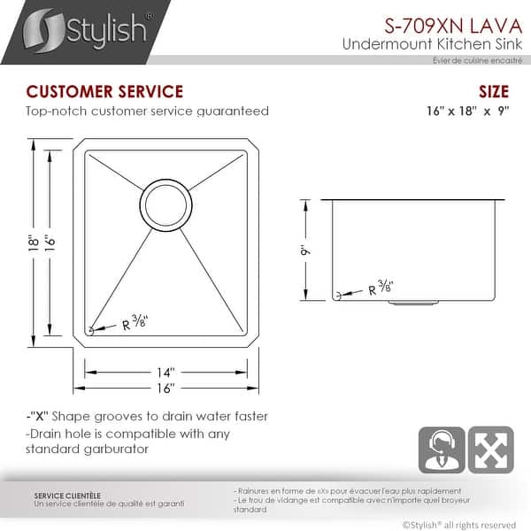STYLISH 16 inch Graphite Black Stainless Steel 16G Undermount Bar Sink - 16" x 18" x 10"