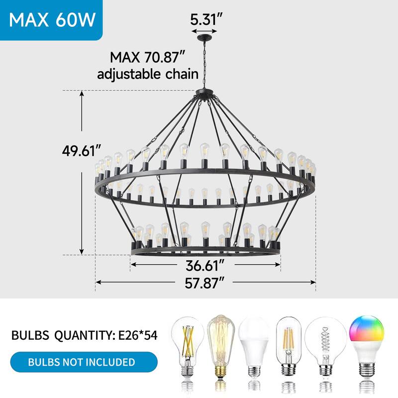59.06 Inch Matte Black Wagon Wheel Chandelier 54-Lights(No Bulbs)