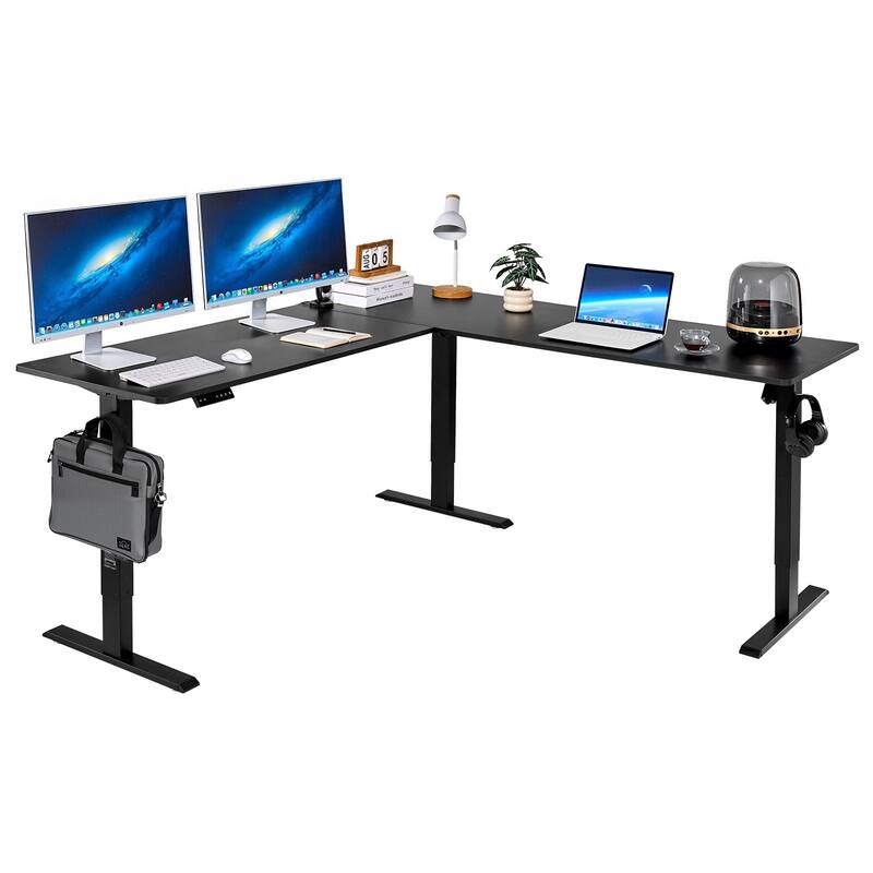 Black Particleboard L-Shaped Electric Desk with Dual Motors, Hooks and Memory Panel