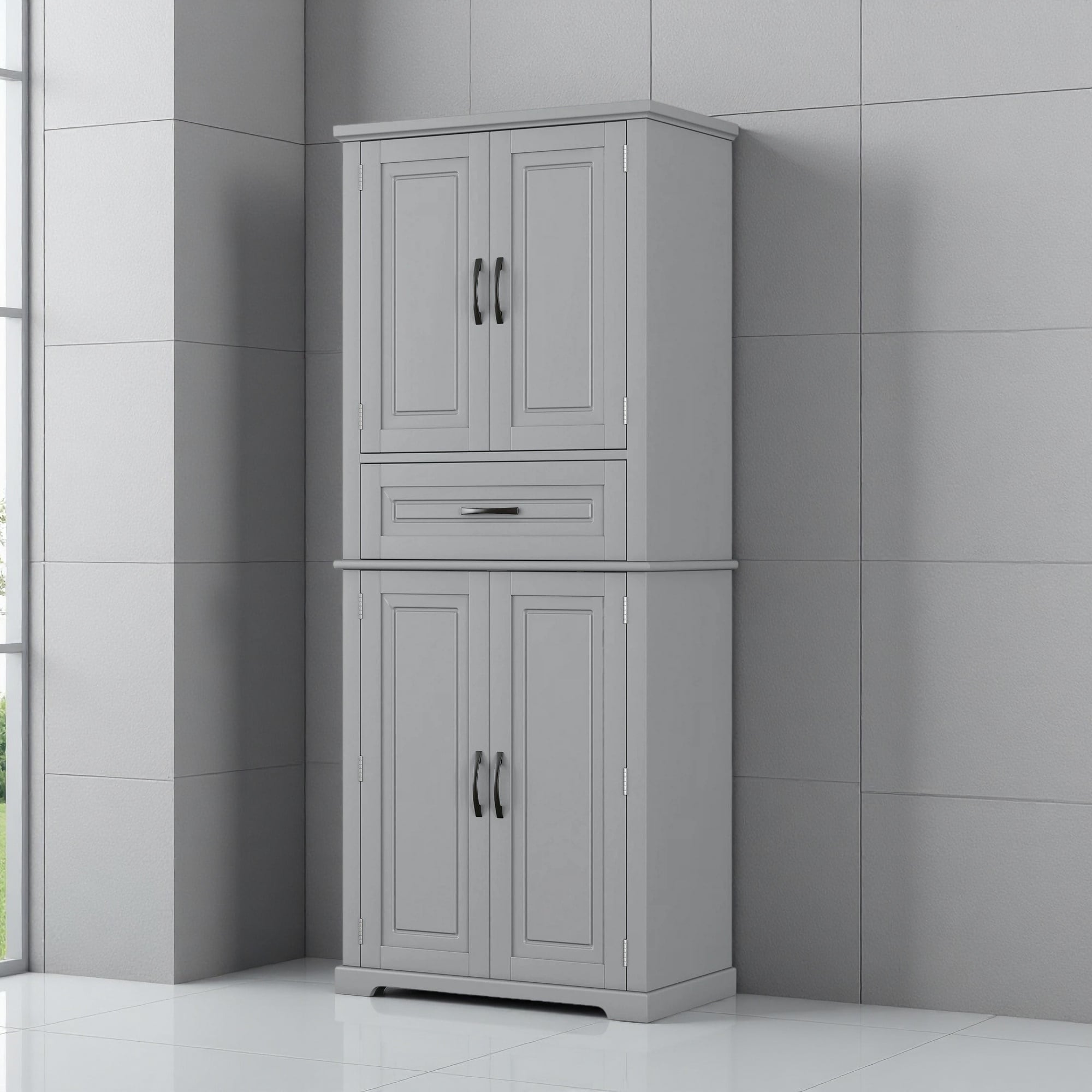 72"H Bathroom Storage Cabinet with Adjustable Shelf, Drawer with Slide Rails, Anti-Tipping Device, 4 Doors, Multi-Functional
