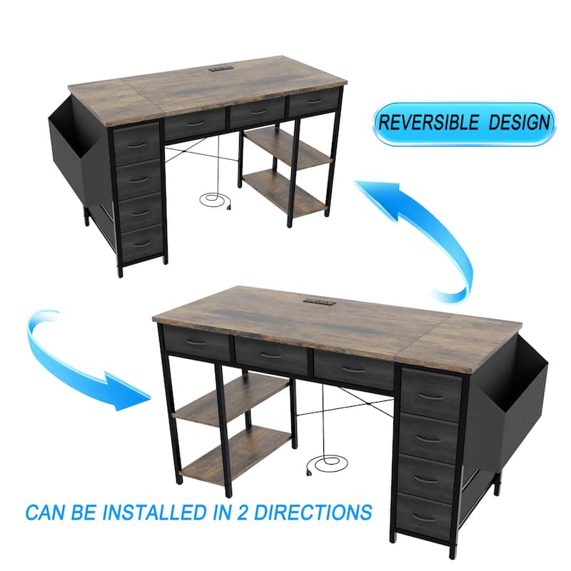 Computer Desk with 7 Drawers & Side Pocket, Home Office Desk with Power Outlets & USB Ports, Small Writing Study Table