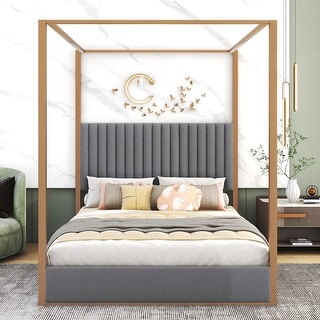 Queen Gray Canopy Bed Platform Bed Frame with Upholstered Headboard ...