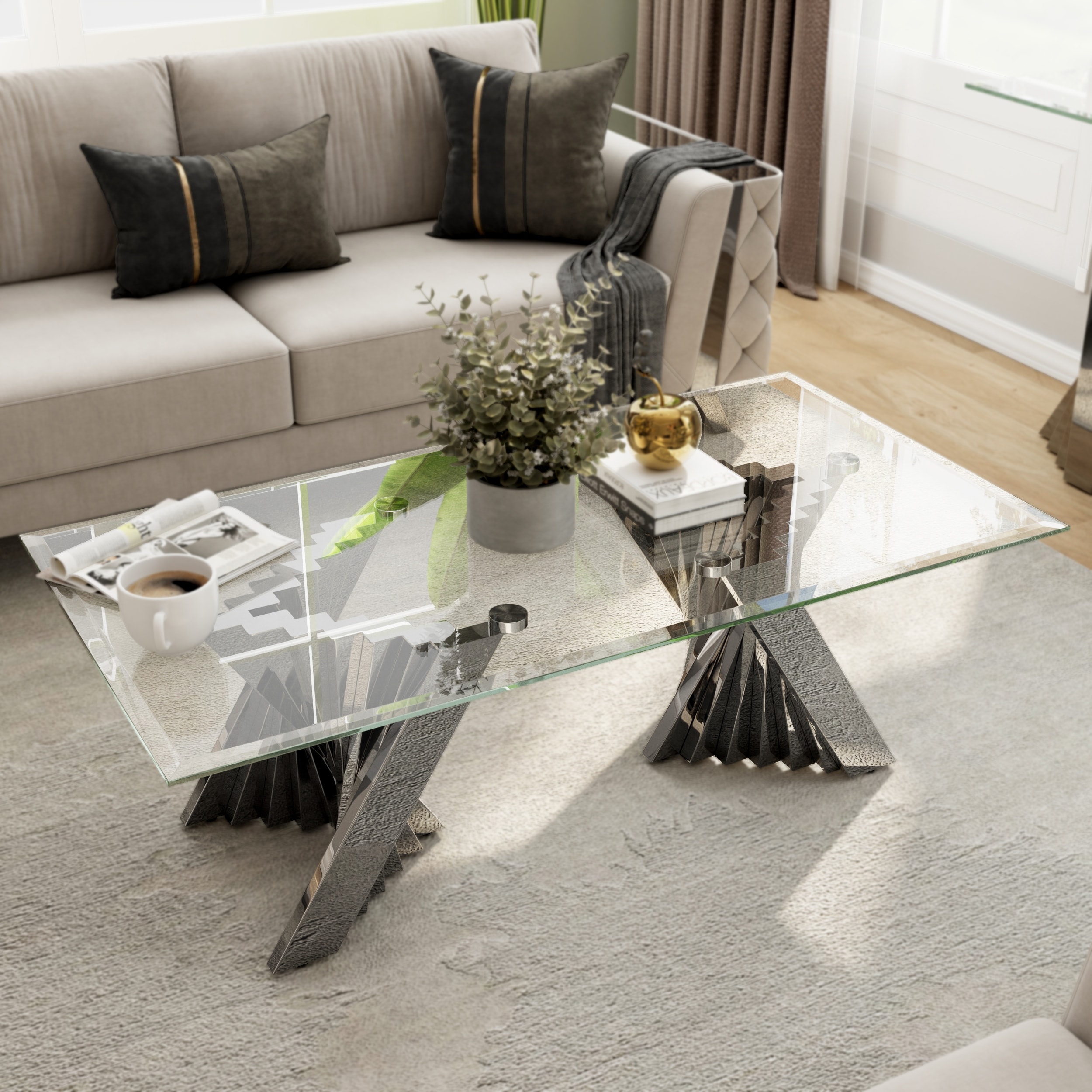 Clear Tempered Glass Coffee Table with Silver Stainless Steel Base for  Living Room - On Sale - Overstock - 40425393, image size:2500x2500