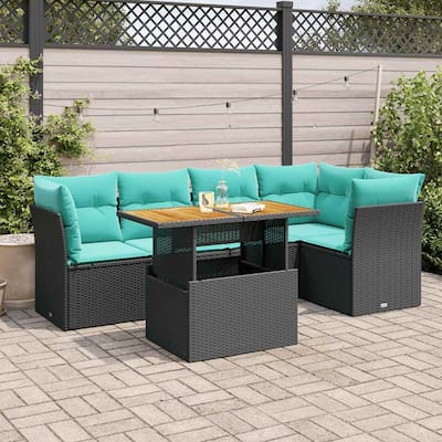 vidaXL 6 Piece Patio Sofa Set with Cushions Black Poly Rattan - 21.7 x 24.4 x 27.2
