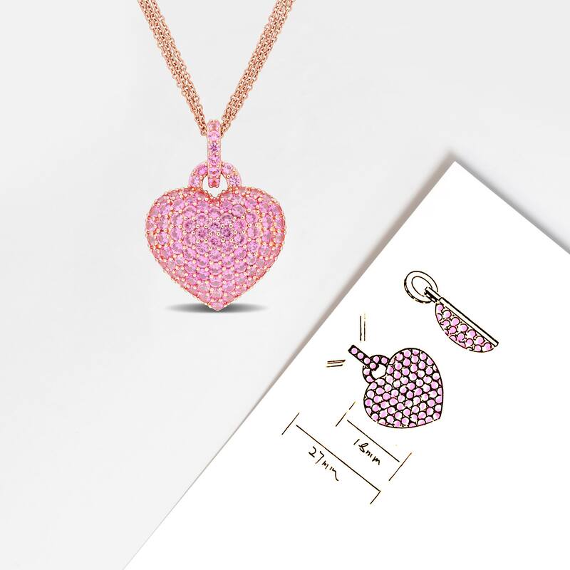 Miadora 3 1/2ct TGW Created Pink Sapphire Heart Pendant with Triple-Strand Chain in Rose Silver