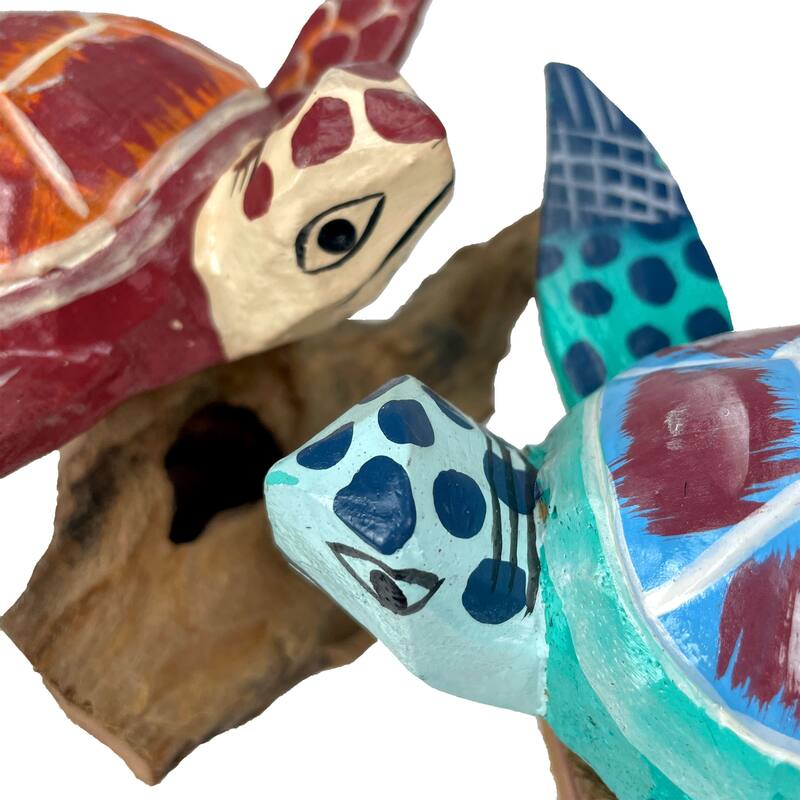 Handcrafted Sea Turtle Sculptures Set Of 2, Coastal Wood Art, Ocean - 4 X 7 X 5 inches