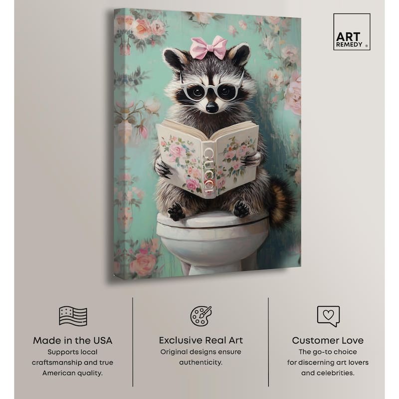 Petite Floral Toilet Raccoon Canvas by Art Remedy, Gallery Wrapped