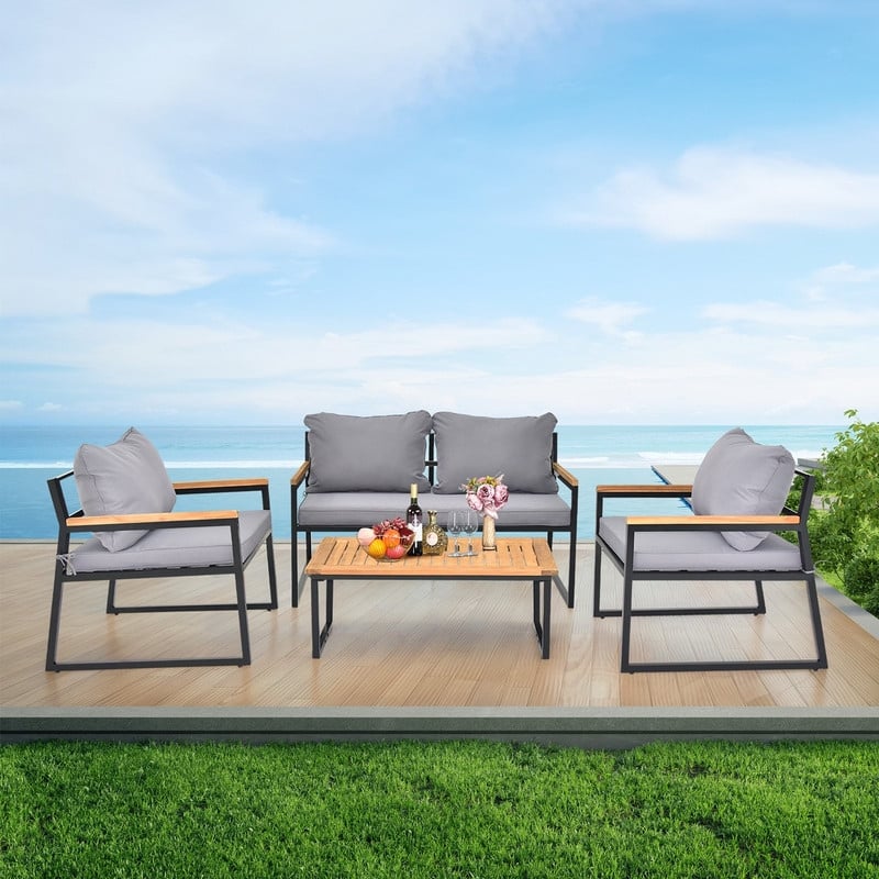 4 Piece Outdoor Patio Lounge Conversation Set Metal Frame with Acacia Wood