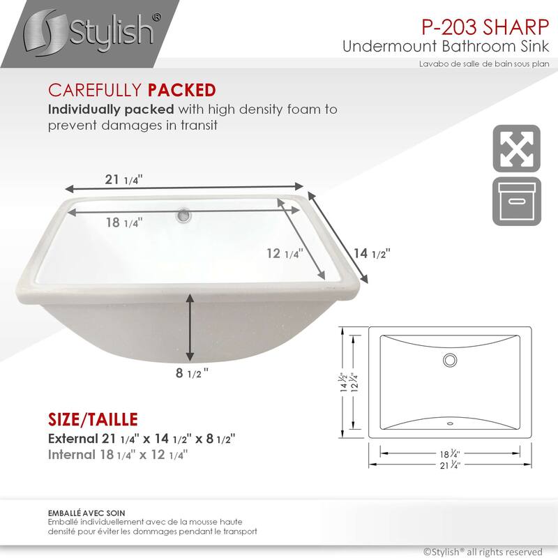 STYLISH Porcelain Rectangular 21 inches Undermount Ceramic Bathroom Sink with Overflow