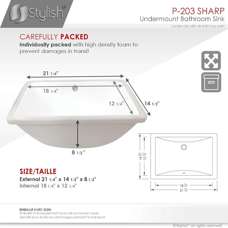 STYLISH Porcelain Rectangular 21 inches Undermount Ceramic Bathroom Sink with Overflow