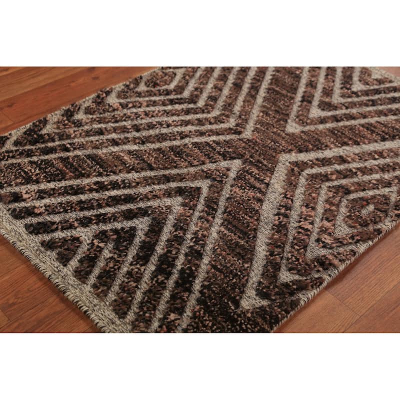 Geometric Moroccan Oriental Foyer Rug Hand-Knotted Brown Wool Carpet - 2'0"x 3'0"