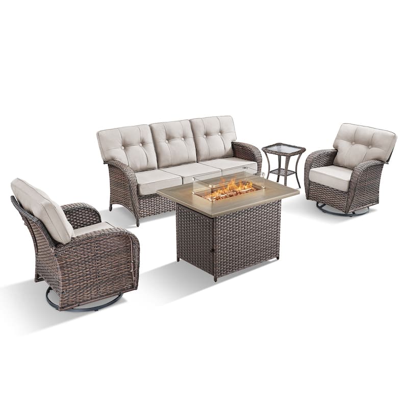 TWrap Wicker Patio Fire Pit Conversation Set with 3-Seat Sofa & Swivel Gliders